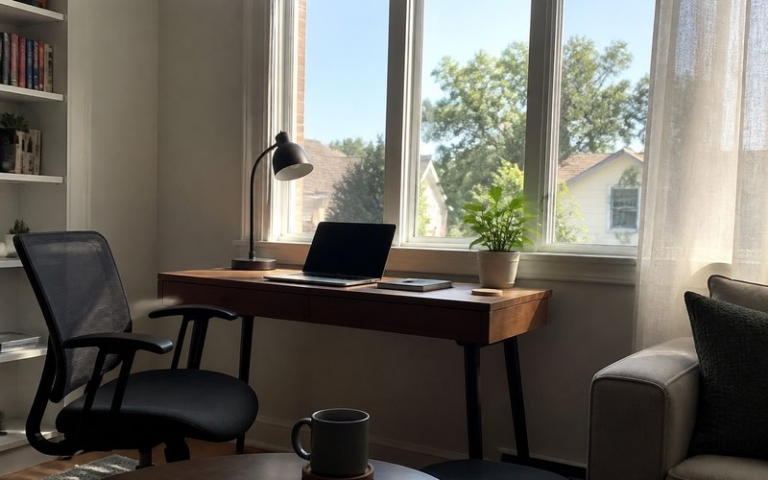 Schreibtisch im Homeoffice am Fenster