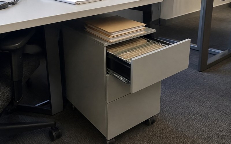 Rollcontainer mit Hängeregistratur unter dem Schreibtisch